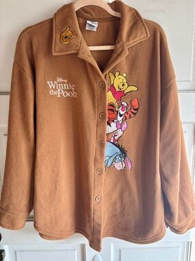 Disney Winnie The Pooh Fleece Jacket XL Brown Button Up Tigger Piglet Eeyore